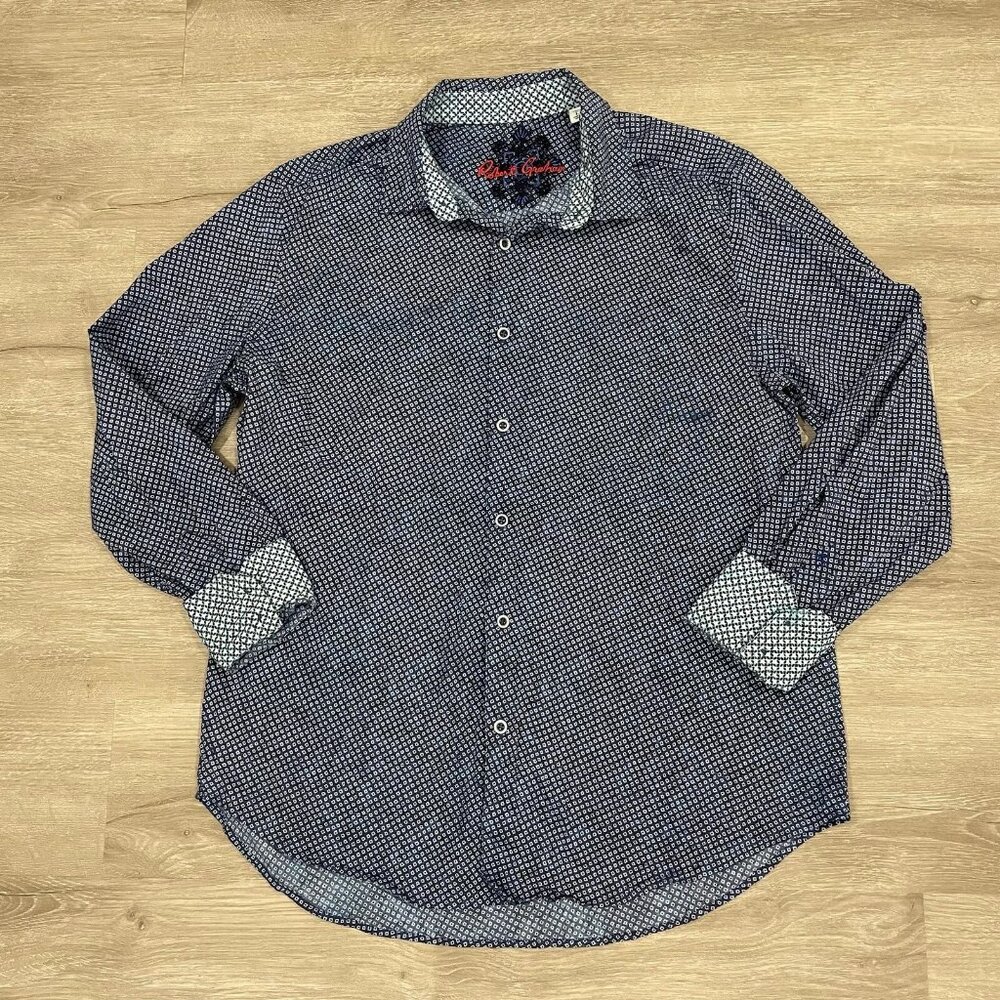 Robert Graham Classic Fit Mens Flip Cuff Button Up Shirt Blue Abstract Size L